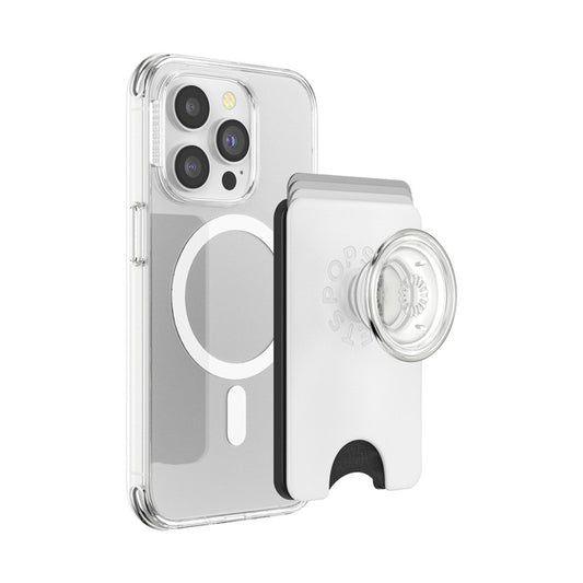 محفظة PopSockets MagSafe PopWallet+ | حامل بطاقات + مقبض + مسند، تتسع لـ 3 بطاقات، مغناطيس قوي، لأجهزة iPhone 15/14/13/12، تتضمن حلقة محول للهواتف والأغطية غير المتوافقة مع MagSafe - أبيض