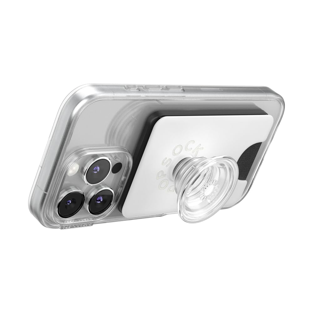 محفظة PopSockets MagSafe PopWallet+ | حامل بطاقات + مقبض + مسند، تتسع لـ 3 بطاقات، مغناطيس قوي، لأجهزة iPhone 15/14/13/12، تتضمن حلقة محول للهواتف والأغطية غير المتوافقة مع MagSafe - أبيض