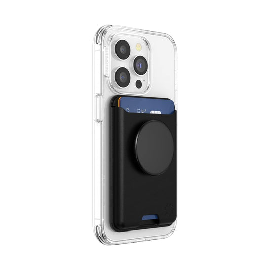 محفظة PopSockets الجلدية MagSafe PopWallet+ | محفظة جلدية لحمل البطاقات + مقبض + حامل، تتسع لـ 3 بطاقات، مغناطيس قوي، لأجهزة iPhone 15/14/13/12، تتضمن حلقة محول للهواتف والأغطية غير المتوافقة مع MagSafe - أسود