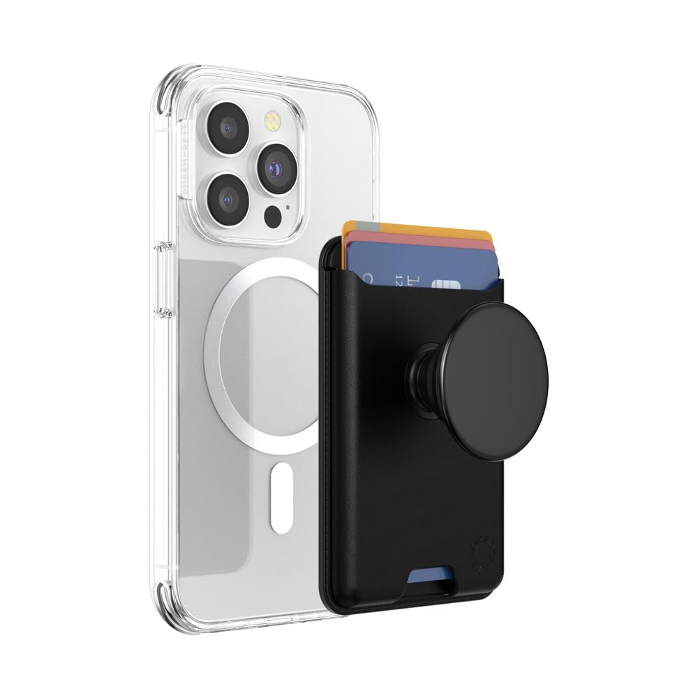 محفظة PopSockets الجلدية MagSafe PopWallet+ | محفظة جلدية لحمل البطاقات + مقبض + حامل، تتسع لـ 3 بطاقات، مغناطيس قوي، لأجهزة iPhone 15/14/13/12، تتضمن حلقة محول للهواتف والأغطية غير المتوافقة مع MagSafe - أسود