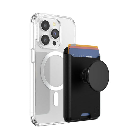 محفظة PopSockets الجلدية MagSafe PopWallet+ | محفظة جلدية لحمل البطاقات + مقبض + حامل، تتسع لـ 3 بطاقات، مغناطيس قوي، لأجهزة iPhone 15/14/13/12، تتضمن حلقة محول للهواتف والأغطية غير المتوافقة مع MagSafe - أسود