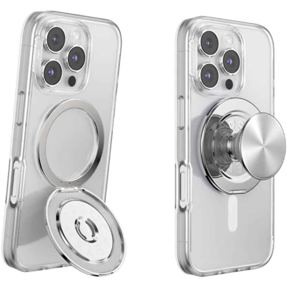 PopSockets MagSafe Kick-Out Grip & Stand| Magnetic Pop-up Phone Grip, Stable Stand, 360° Rotation, for iPhone 17/16/15/14/13/12, Included Adapter Ring for non-MagSafe Phones & Cases - Silver