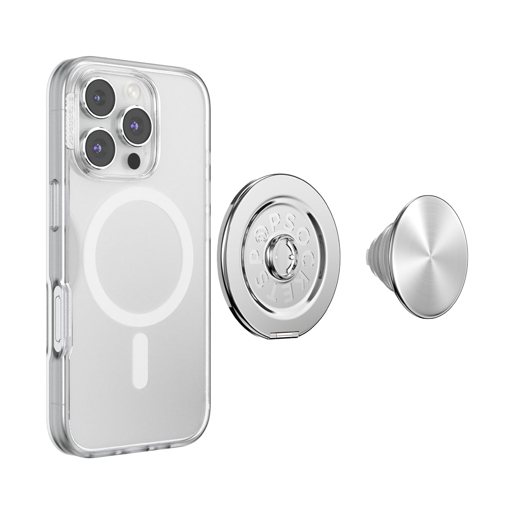 PopSockets MagSafe Kick-Out Grip & Stand| Magnetic Pop-up Phone Grip, Stable Stand, 360° Rotation, for iPhone 17/16/15/14/13/12, Included Adapter Ring for non-MagSafe Phones & Cases - Silver