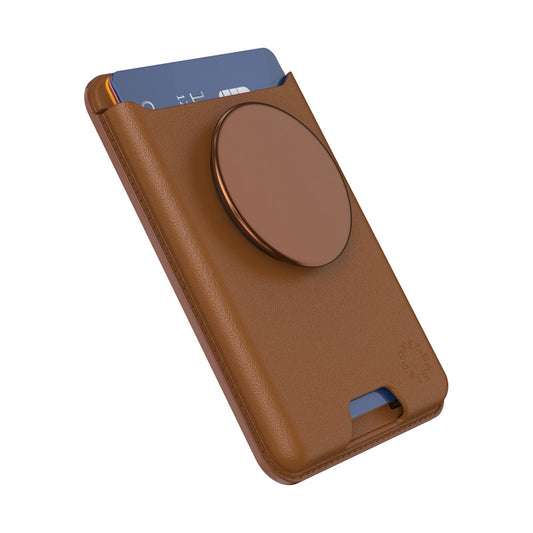 محفظة PopSockets الجلدية MagSafe PopWallet+ | محفظة جلدية لحمل البطاقات + مقبض + حامل، تتسع لـ 3 بطاقات، مغناطيس قوي، لأجهزة iPhone 15/14/13/12، تتضمن حلقة محول للهواتف والأغطية غير المتوافقة مع MagSafe - لون كونياك