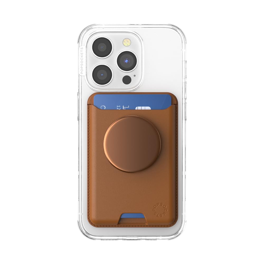 محفظة PopSockets الجلدية MagSafe PopWallet+ | محفظة جلدية لحمل البطاقات + مقبض + حامل، تتسع لـ 3 بطاقات، مغناطيس قوي، لأجهزة iPhone 15/14/13/12، تتضمن حلقة محول للهواتف والأغطية غير المتوافقة مع MagSafe - لون كونياك