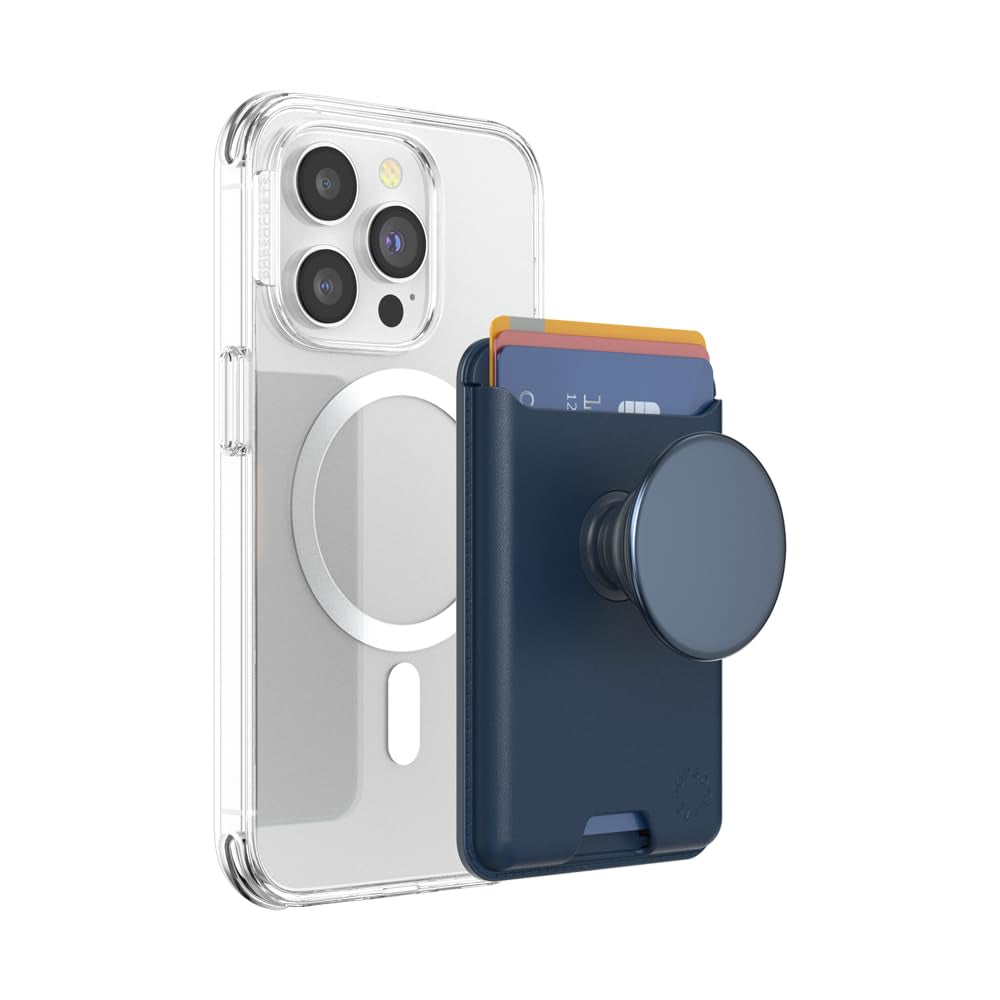 PopSockets Leather MagSafe PopWallet+|Leather Wallet Card Holder + Grip + Stand, Holds 3pcs of cards, Strong Magnet, for iPhone 15/14/13/12 Incl. Adapter Ring for non-MagSafe Phones & Cases - Navy