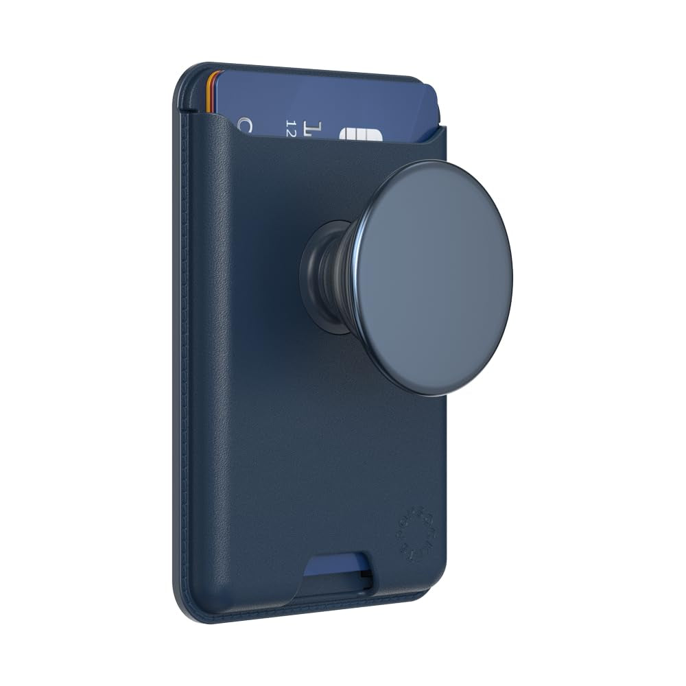 PopSockets Leather MagSafe PopWallet+|Leather Wallet Card Holder + Grip + Stand, Holds 3pcs of cards, Strong Magnet, for iPhone 15/14/13/12 Incl. Adapter Ring for non-MagSafe Phones & Cases - Navy