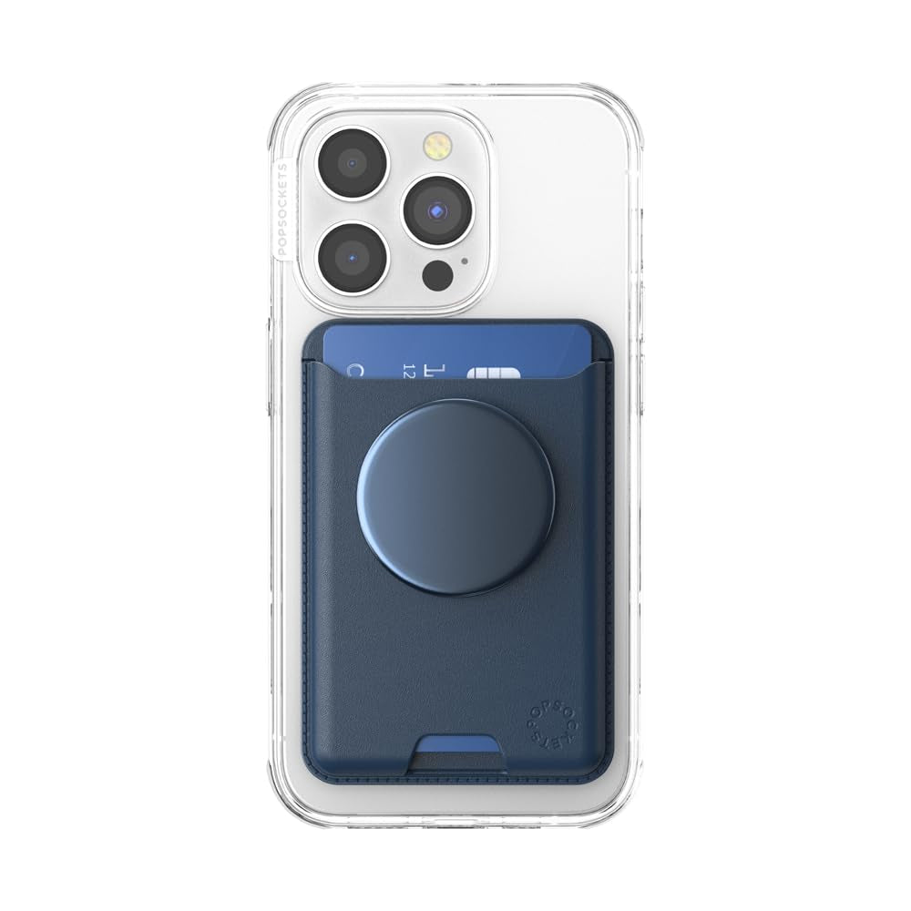 PopSockets Leather MagSafe PopWallet+|Leather Wallet Card Holder + Grip + Stand, Holds 3pcs of cards, Strong Magnet, for iPhone 15/14/13/12 Incl. Adapter Ring for non-MagSafe Phones & Cases - Navy