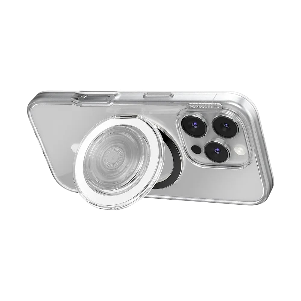 PopSockets MagSafe Luxe Kick-Out Grip & Stand| Magnetic Pop-up Phone Grip, Stable Stand, 360° Rotation, for iPhone 17/16/15/14/13/12, Included Adapter Ring for non-MagSafe Phones & Cases - Clear