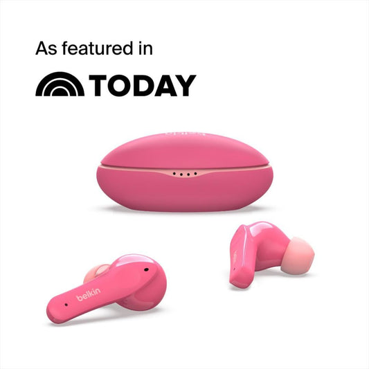 Belkin SOUNDFORM NANO True Wireless Earbuds for KIDS - Bluetooth In-Ear KID FRIENDLY w/ Volume Limiter & Touch Control, 24HRS Battery, for Apple iPhone/iPad, Samsung/Huawei, Tablets & Laptops - Pink