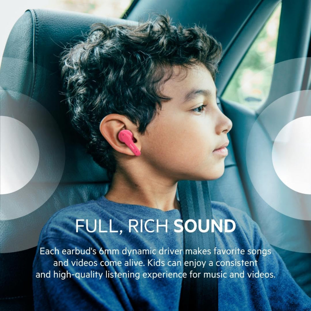 Belkin SOUNDFORM NANO True Wireless Earbuds for KIDS - Bluetooth In-Ear KID FRIENDLY w/ Volume Limiter & Touch Control, 24HRS Battery, for Apple iPhone/iPad, Samsung/Huawei, Tablets & Laptops - Pink