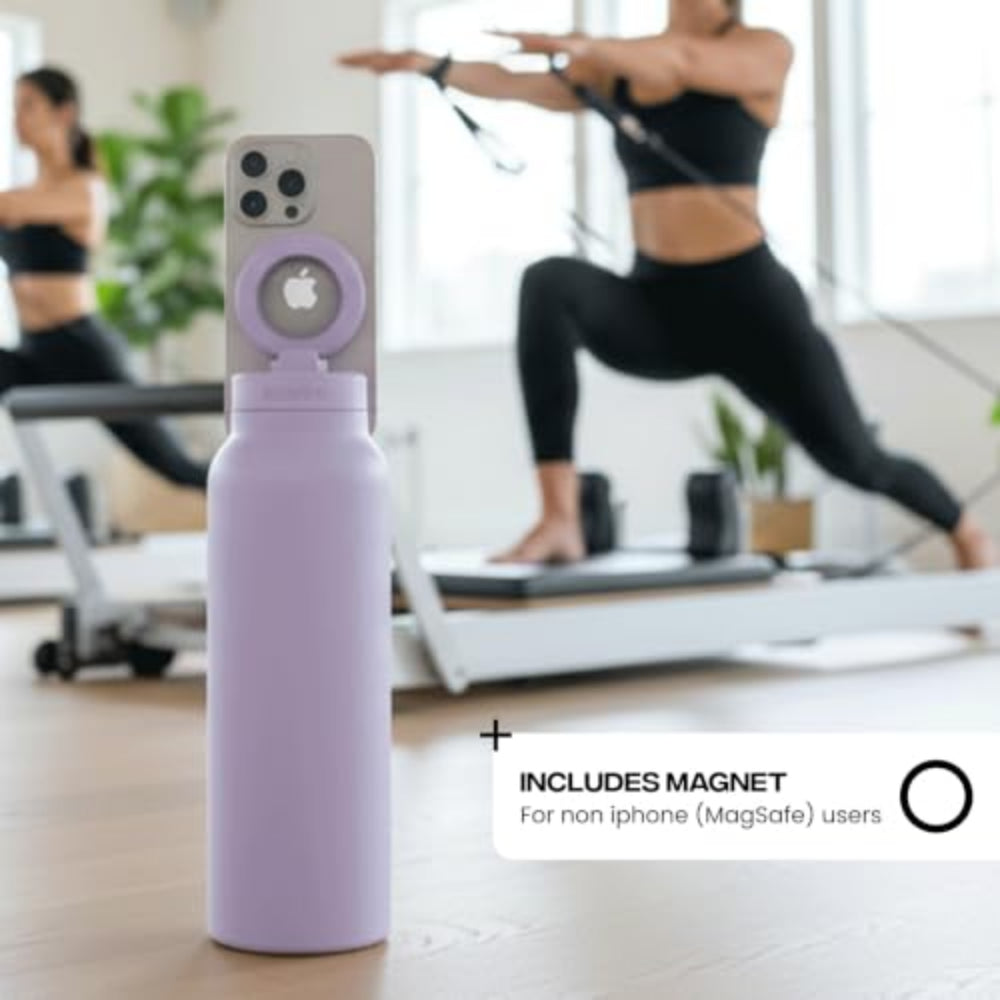 RINGO PRO Water Bottle with Sip Straw Lid| Stainless Steel Hydration Bottle w/ Integrated Magnetic Phone Mount, 12Hrs Hot/24Hrs Cold, BPA-Free, Works w/ Phones & Tablets - Lilac 24Oz / 710ml
