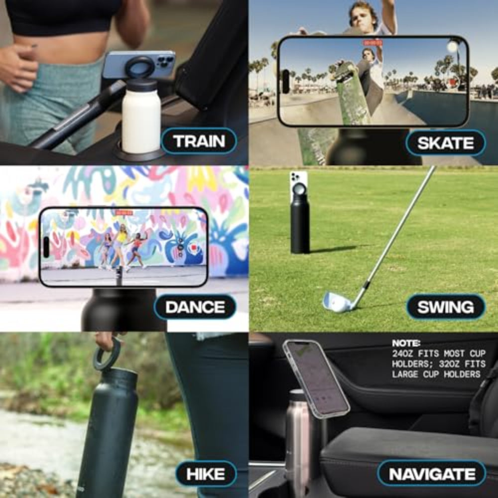 RINGO Water Bottle + Free Magnetic Booster Ring| Stainless Steel Hydration Bottle w/ Integrated MagSafe Phone Mount, 12Hrs Hot/24Hrs Cold, BPA-Free, Works w/ All Devices Android & iOS - Black 32Oz