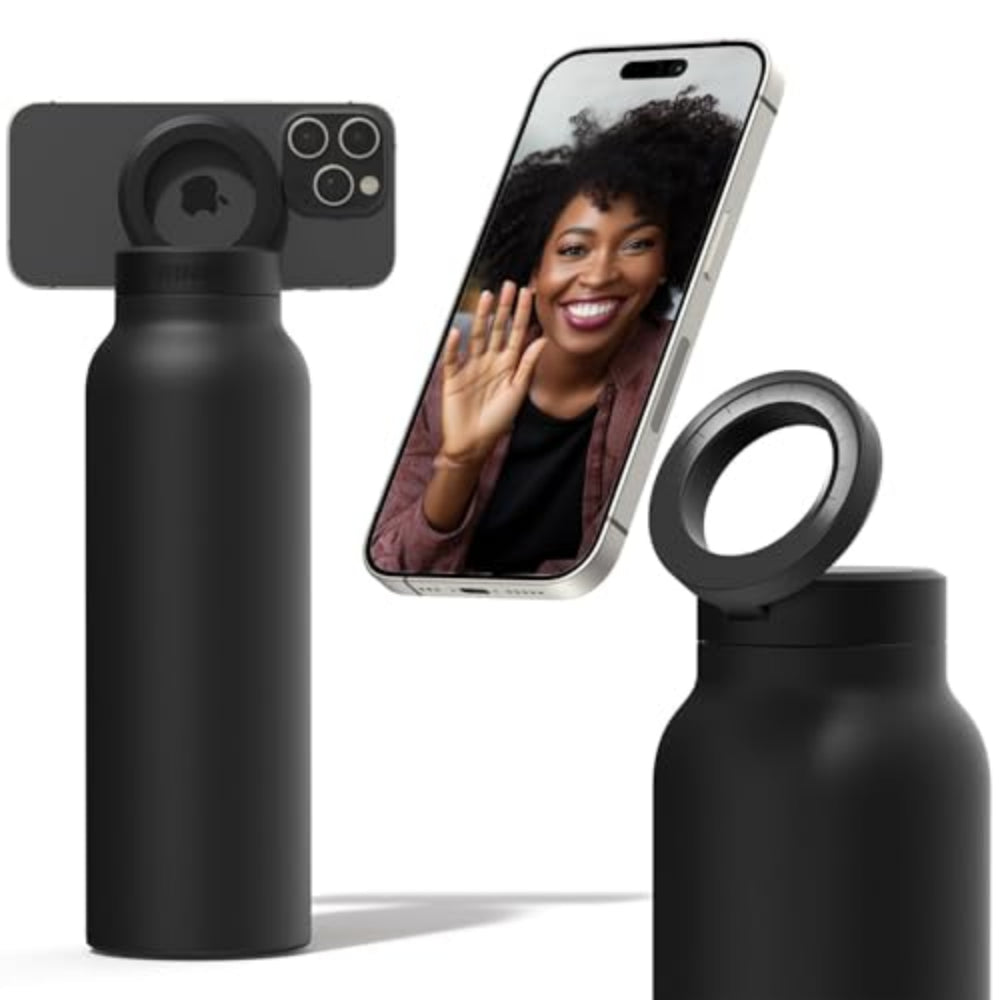RINGO Water Bottle + Free Magnetic Booster Ring| Stainless Steel Hydration Bottle w/ Integrated MagSafe Phone Mount, 12Hrs Hot/24Hrs Cold, BPA-Free, Works w/ All Devices Android & iOS - Black 32Oz