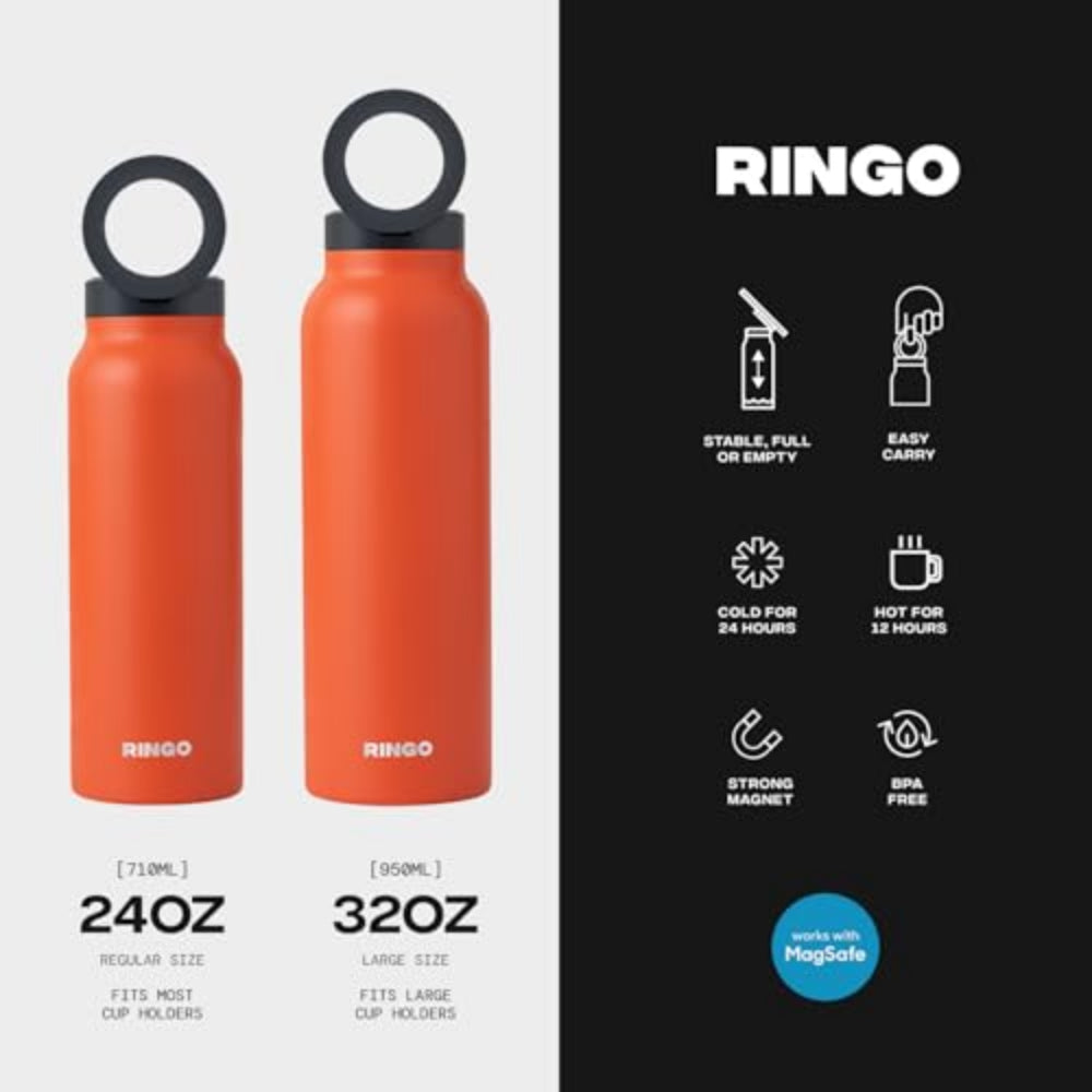 RINGO Water Bottle + Free Magnetic Booster Ring| Stainless Steel Hydration Bottle w/ Integrated MagSafe Phone Mount, 12Hrs Hot/24Hrs Cold, BPA-Free , Works w/ All Devices Android & iOS - Orange 32Oz