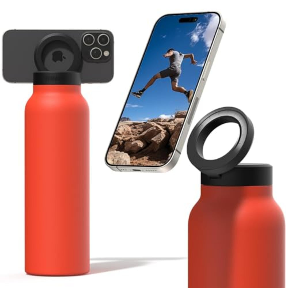 RINGO Water Bottle + Free Magnetic Booster Ring| Stainless Steel Hydration Bottle w/ Integrated MagSafe Phone Mount, 12Hrs Hot/24Hrs Cold, BPA-Free , Works w/ All Devices Android & iOS - Orange 32Oz