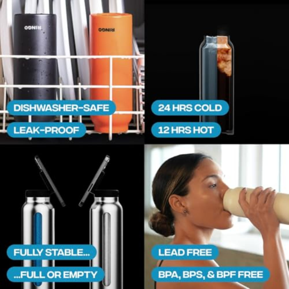 RINGO Water Bottle + Free Magnetic Booster Ring| Stainless Steel Hydration Bottle w/ Integrated MagSafe Phone Mount, 12Hrs Hot/24Hrs Cold, BPA-Free , Works w/ All Devices Android & iOS - Orange 32Oz