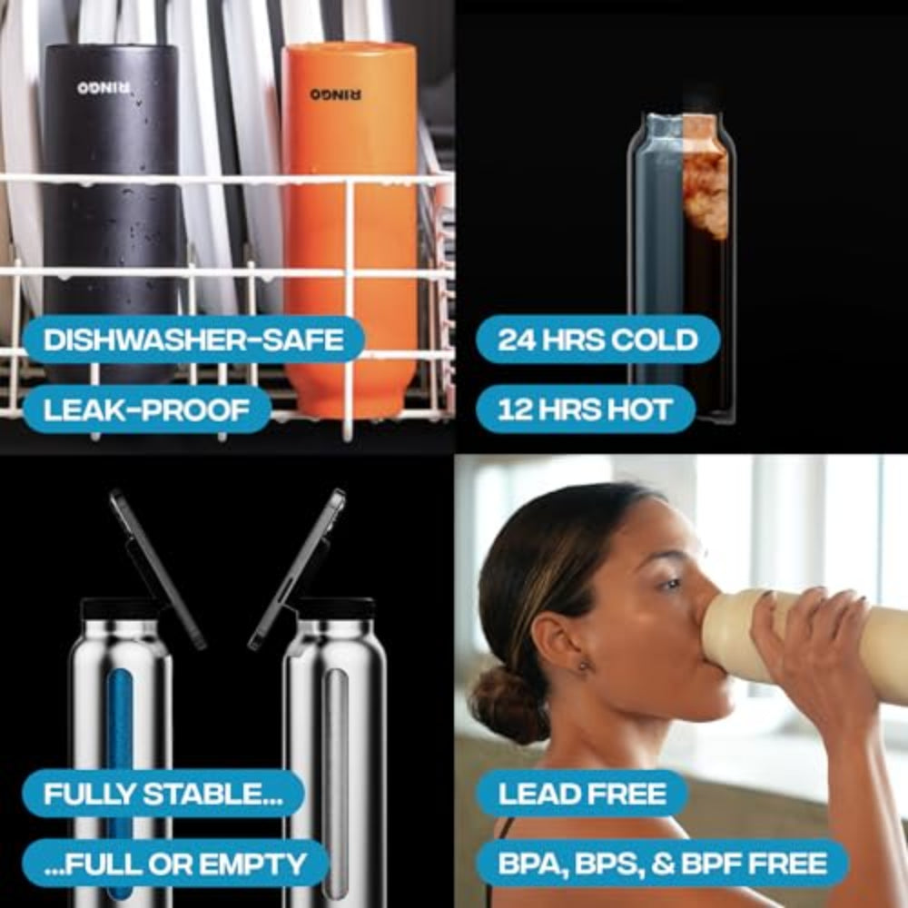RINGO Water Bottle + Free Magnetic Booster Ring| Stainless Steel Hydration Bottle w/ Integrated MagSafe Phone Mount, 12Hrs Hot/24Hrs Cold, BPA-Free, Works w/ All Devices Android & iOS- Stainless 32Oz