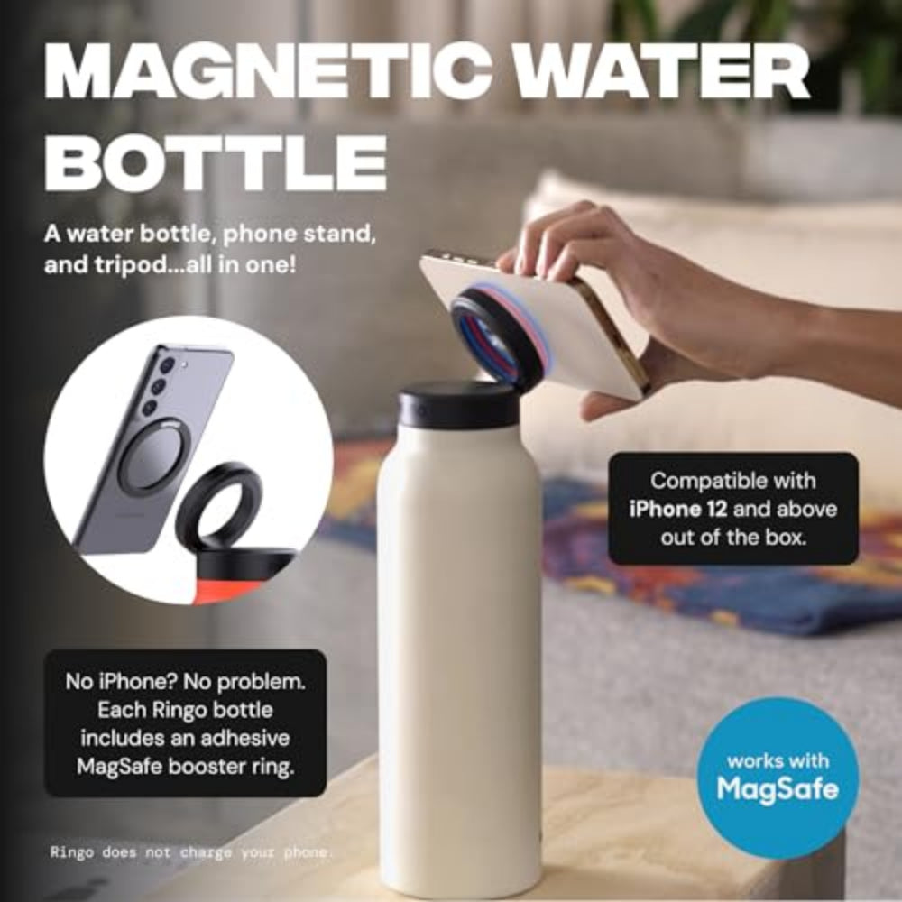 RINGO Water Bottle + Free Magnetic Booster Ring| Stainless Steel Hydration Bottle w/ Integrated MagSafe Phone Mount, 12Hrs Hot/24Hrs Cold, BPA-Free, Works w/ All Devices Android & iOS- Stainless 32Oz