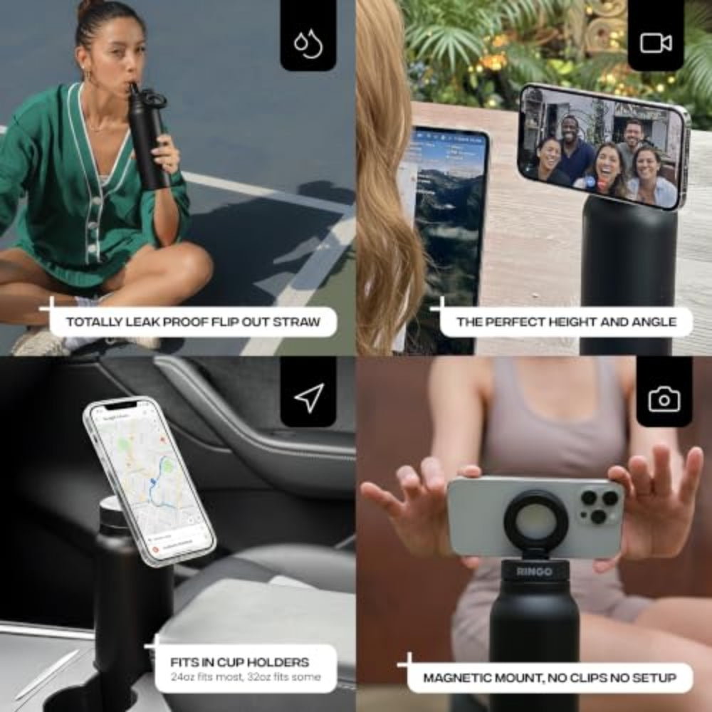 RINGO PRO Water Bottle with Sip Straw Lid| Stainless Steel Hydration Bottle w/ Integrated Magnetic Phone Mount, 12Hrs Hot/24Hrs Cold, BPA-Free, Works w/ Phones & Tablets - Black 24Oz / 710ml