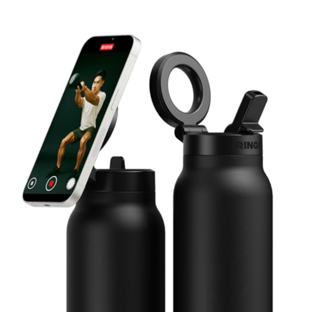 RINGO PRO Water Bottle with Sip Straw Lid| Stainless Steel Hydration Bottle w/ Integrated Magnetic Phone Mount, 12Hrs Hot/24Hrs Cold, BPA-Free, Works w/ Phones & Tablets - Black 24Oz / 710ml
