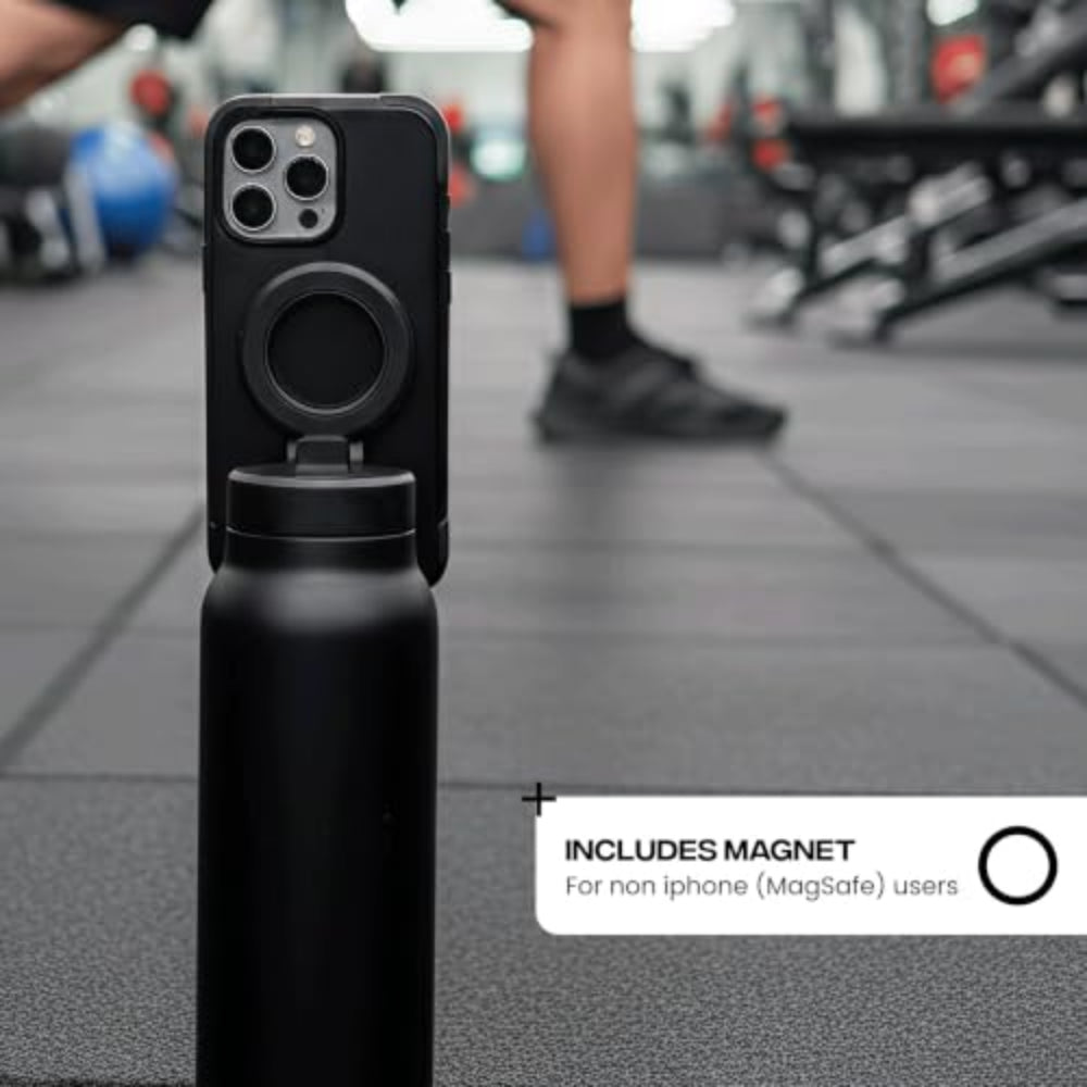 RINGO PRO Water Bottle with Sip Straw Lid| Stainless Steel Hydration Bottle w/ Integrated Magnetic Phone Mount, 12Hrs Hot/24Hrs Cold, BPA-Free, Works w/ Phones & Tablets - Black 24Oz / 710ml