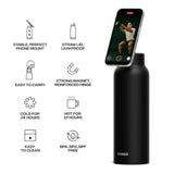 RINGO PRO Water Bottle with Sip Straw Lid| Stainless Steel Hydration Bottle w/ Integrated Magnetic Phone Mount, 12Hrs Hot/24Hrs Cold, BPA-Free, Works w/ Phones & Tablets - Black 24Oz / 710ml