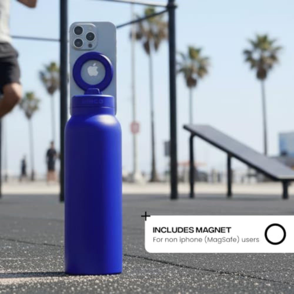 RINGO PRO Water Bottle with Sip Straw Lid| Stainless Steel Hydration Bottle w/ Integrated Magnetic Phone Mount, 12Hrs Hot/24Hrs Cold, BPA-Free, Works w/ Phones & Tablets - Blue 24Oz / 710ml