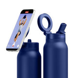 RINGO PRO Water Bottle with Sip Straw Lid| Stainless Steel Hydration Bottle w/ Integrated Magnetic Phone Mount, 12Hrs Hot/24Hrs Cold, BPA-Free, Works w/ Phones & Tablets - Blue 24Oz / 710ml