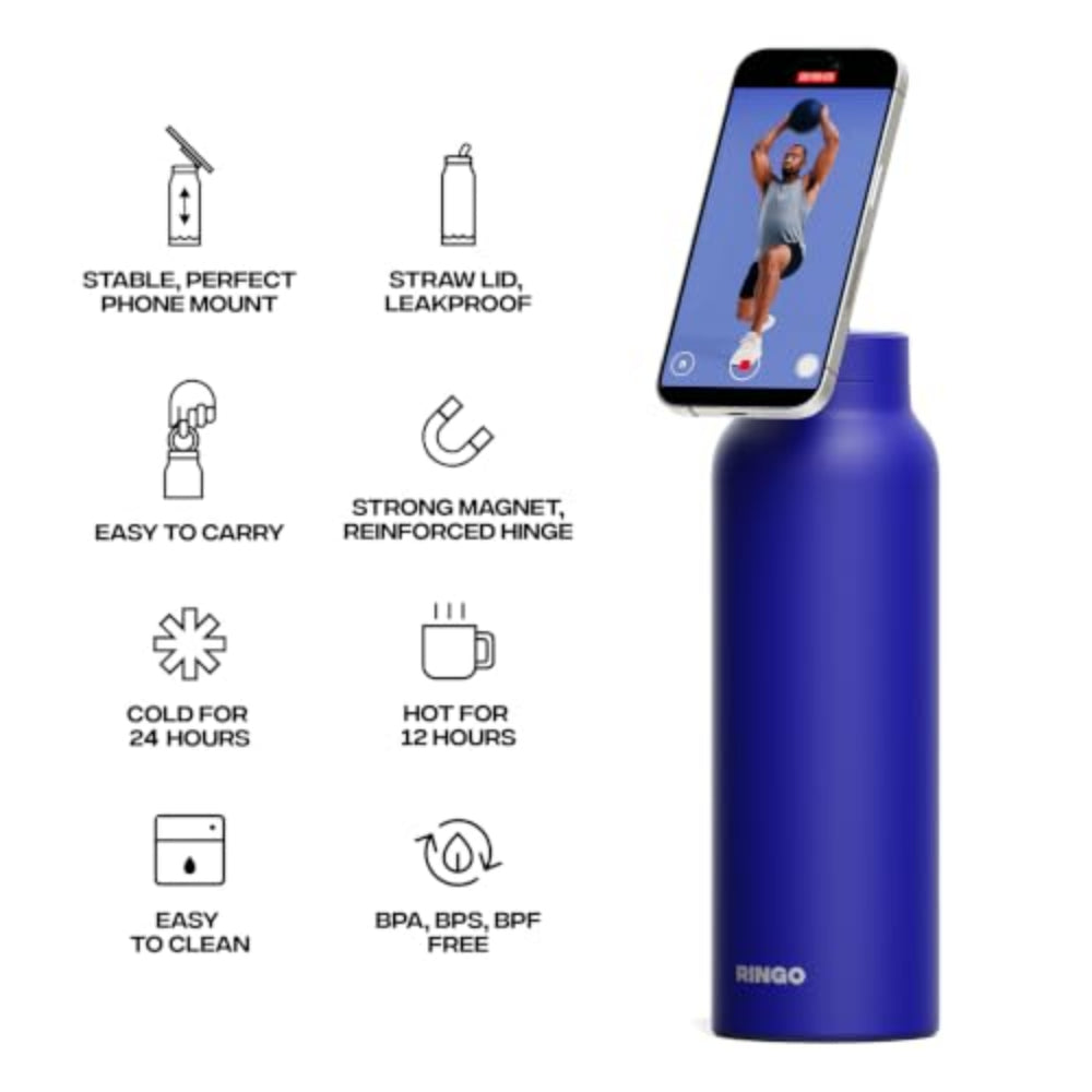 RINGO PRO Water Bottle with Sip Straw Lid| Stainless Steel Hydration Bottle w/ Integrated Magnetic Phone Mount, 12Hrs Hot/24Hrs Cold, BPA-Free, Works w/ Phones & Tablets - Blue 24Oz / 710ml