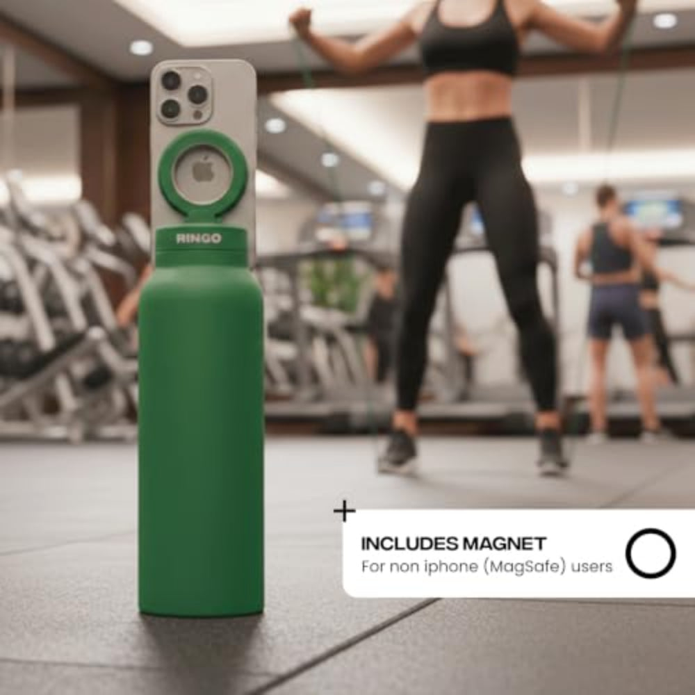 RINGO PRO Water Bottle with Sip Straw Lid| Stainless Steel Hydration Bottle w/ Integrated Magnetic Phone Mount, 12Hrs Hot/24Hrs Cold, BPA-Free, Works w/ Phones & Tablets - Green 24Oz / 710ml