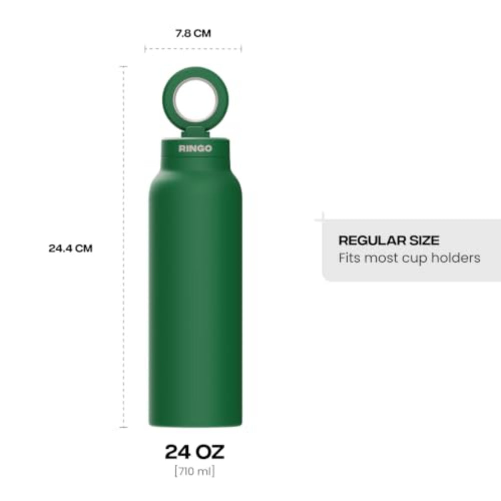 RINGO PRO Water Bottle with Sip Straw Lid| Stainless Steel Hydration Bottle w/ Integrated Magnetic Phone Mount, 12Hrs Hot/24Hrs Cold, BPA-Free, Works w/ Phones & Tablets - Green 24Oz / 710ml