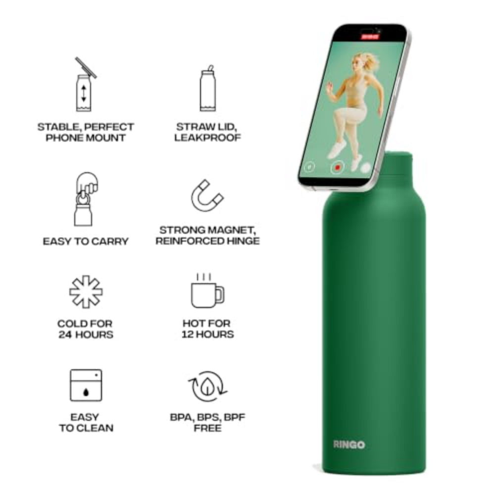 RINGO PRO Water Bottle with Sip Straw Lid| Stainless Steel Hydration Bottle w/ Integrated Magnetic Phone Mount, 12Hrs Hot/24Hrs Cold, BPA-Free, Works w/ Phones & Tablets - Green 24Oz / 710ml