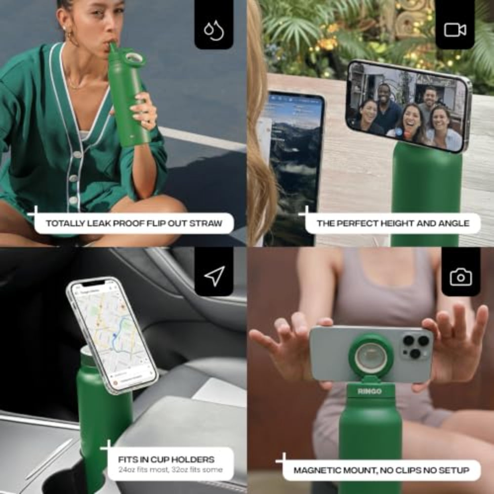 RINGO PRO Water Bottle with Sip Straw Lid| Stainless Steel Hydration Bottle w/ Integrated Magnetic Phone Mount, 12Hrs Hot/24Hrs Cold, BPA-Free, Works w/ Phones & Tablets - Green 24Oz / 710ml