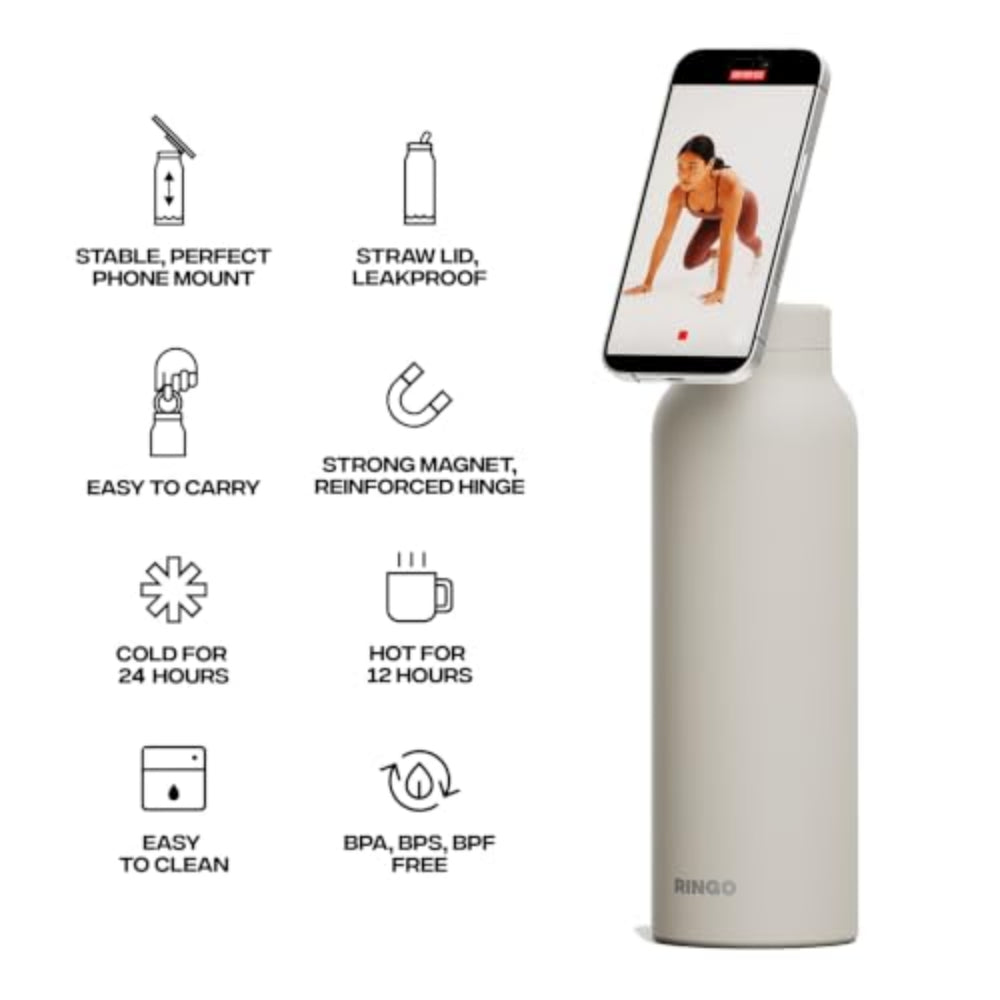 RINGO PRO Water Bottle with Sip Straw Lid| Stainless Steel Hydration Bottle w/ Integrated Magnetic Phone Mount, 12Hrs Hot/24Hrs Cold, BPA-Free, Works w/ Phones & Tablets - Ivory 24Oz / 710ml