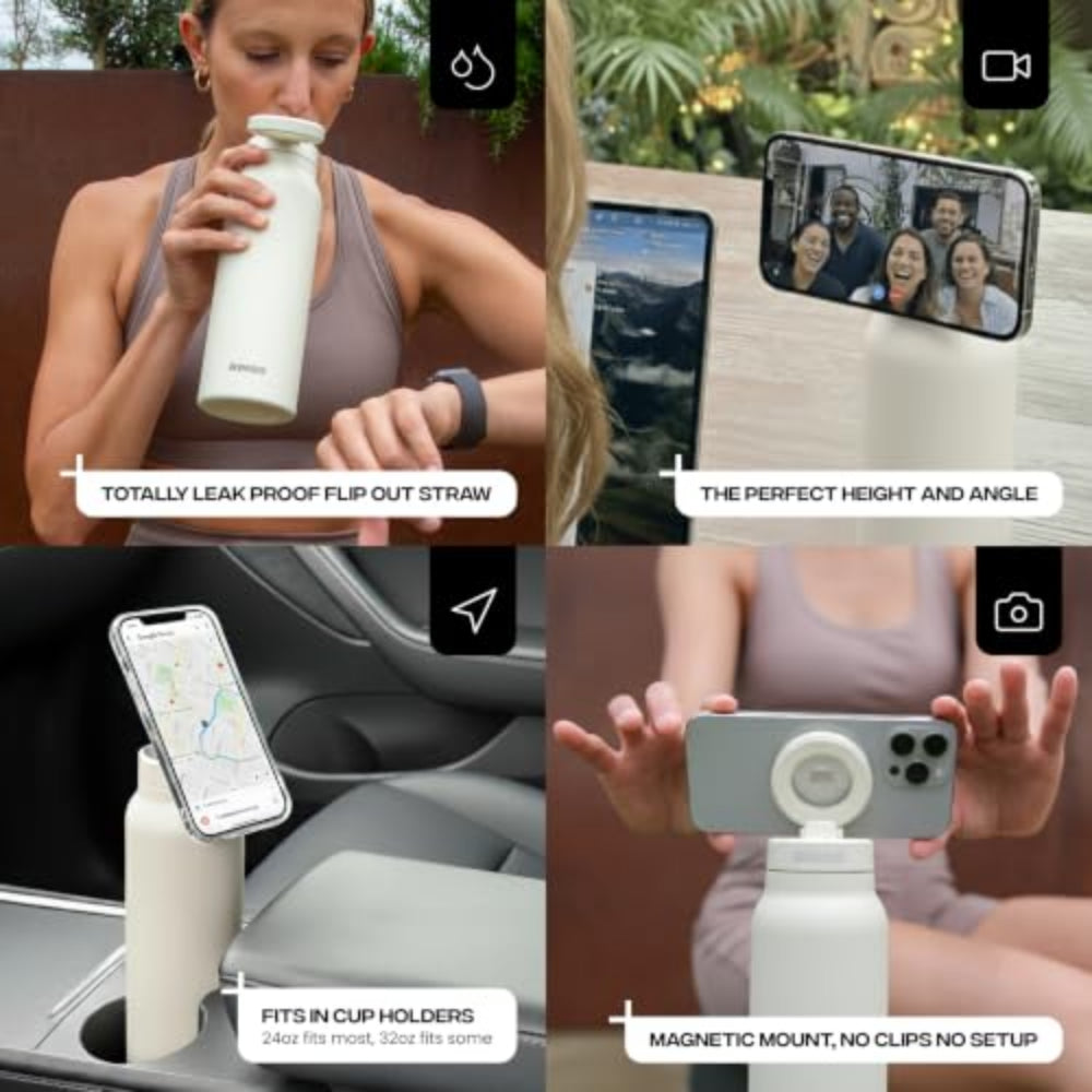 RINGO PRO Water Bottle with Sip Straw Lid| Stainless Steel Hydration Bottle w/ Integrated Magnetic Phone Mount, 12Hrs Hot/24Hrs Cold, BPA-Free, Works w/ Phones & Tablets - Ivory 24Oz / 710ml
