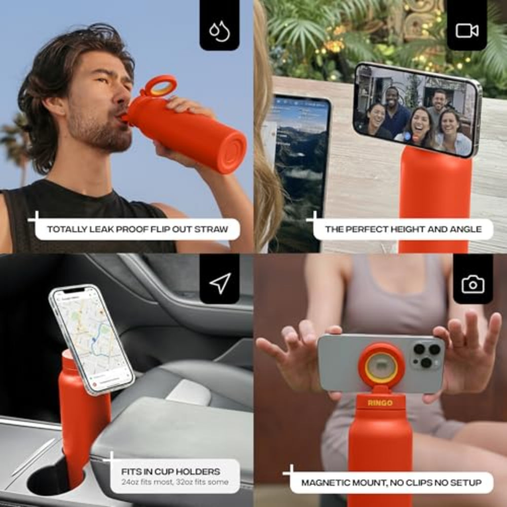 RINGO PRO Water Bottle with Sip Straw Lid| Stainless Steel Hydration Bottle w/ Integrated Magnetic Phone Mount, 12Hrs Hot/24Hrs Cold, BPA-Free, Works w/ Phones & Tablets - Orange 24Oz / 710ml