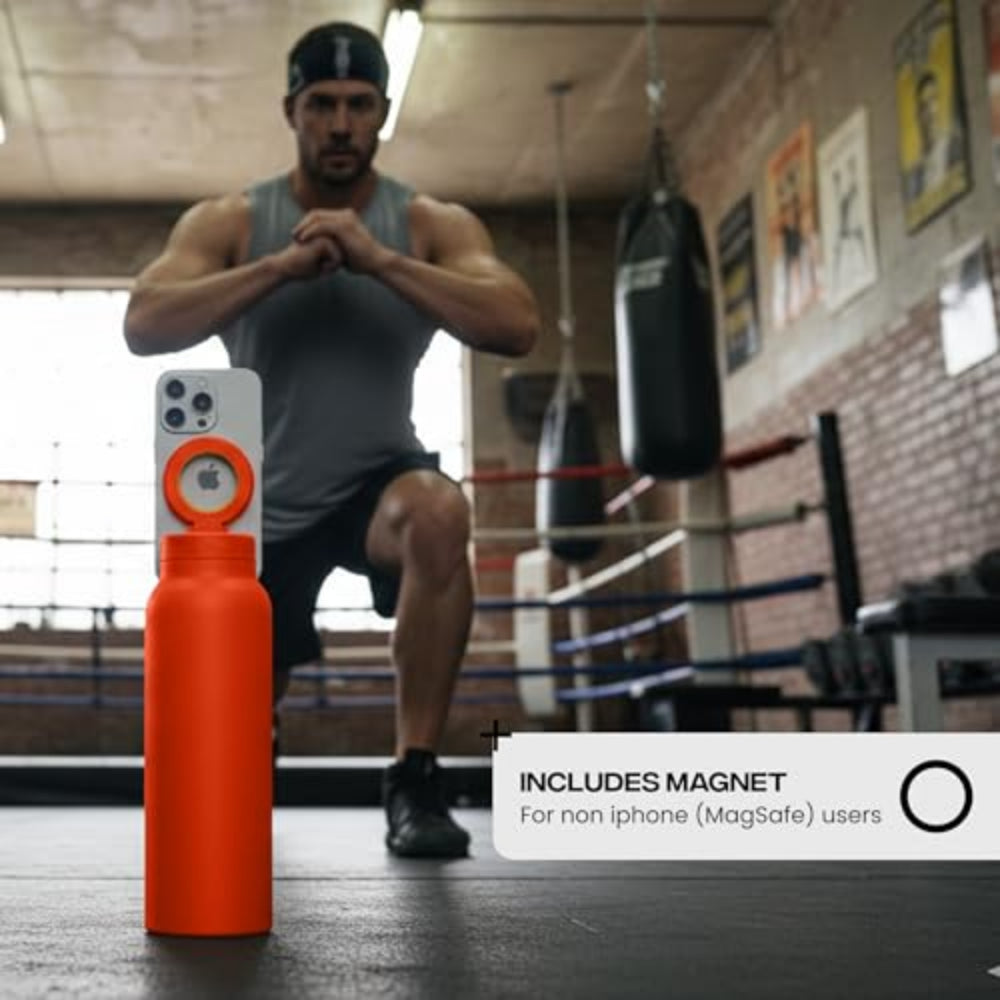 RINGO PRO Water Bottle with Sip Straw Lid| Stainless Steel Hydration Bottle w/ Integrated Magnetic Phone Mount, 12Hrs Hot/24Hrs Cold, BPA-Free, Works w/ Phones & Tablets - Orange 24Oz / 710ml