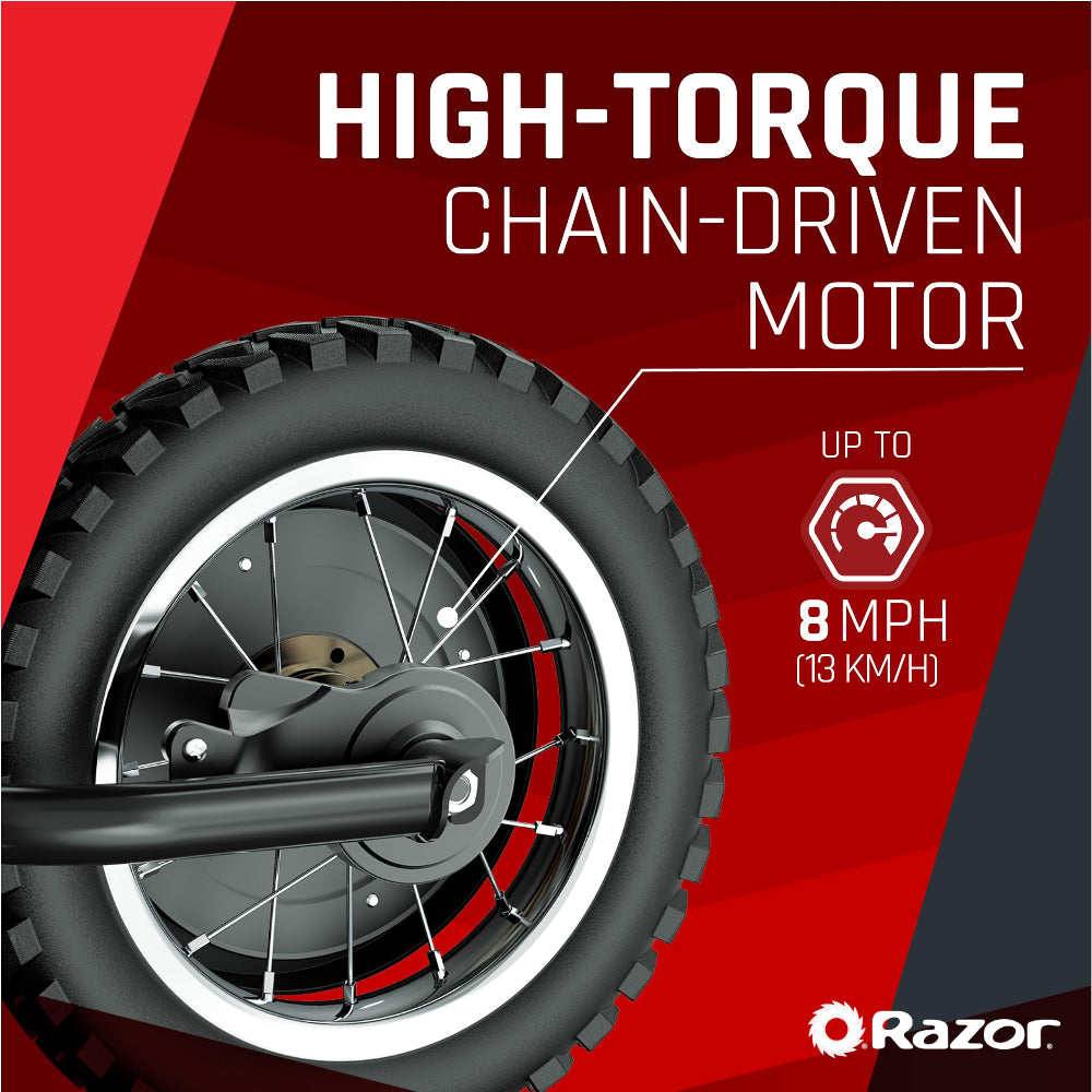 Razor Motorbike Dirt Rocket MX125 - Electric Dirt Bike, 100W High Torque, 13Km/Hr Speed, 12" Tires, Great for Smooth & Off Road, Rechargeable, Battery Operated, For 8+ Age - Black