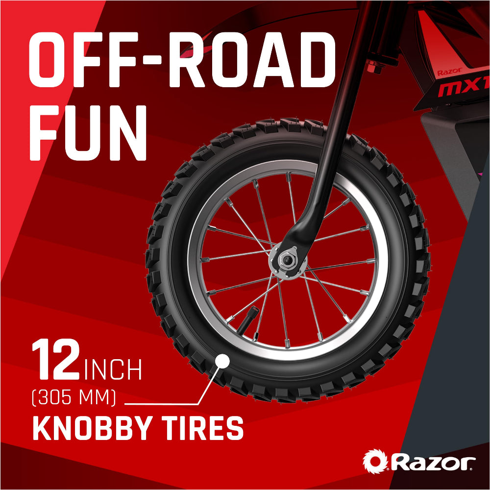 Razor Motorbike Dirt Rocket MX125 - Electric Dirt Bike, 100W High Torque, 13Km/Hr Speed, 12" Tires, Great for Smooth & Off Road, Rechargeable, Battery Operated, For 8+ Age - Black