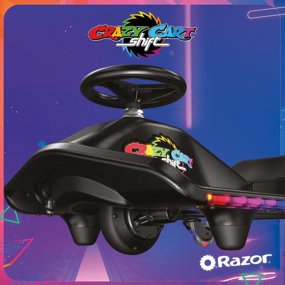 Razor Crazy Cart Shift Lightshow, 3-Wheeler Go Kart, Powerful Hub Motor, LightWeight High-impact w/ Multi-color LED light bars, Strong & Sturdy, Rechargeable, Battery Operated, For 6+ Age - Black