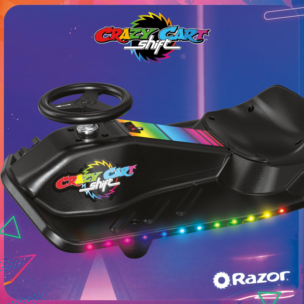Razor Crazy Cart Shift Lightshow, 3-Wheeler Go Kart, Powerful Hub Motor, LightWeight High-impact w/ Multi-color LED light bars, Strong & Sturdy, Rechargeable, Battery Operated, For 6+ Age - Black