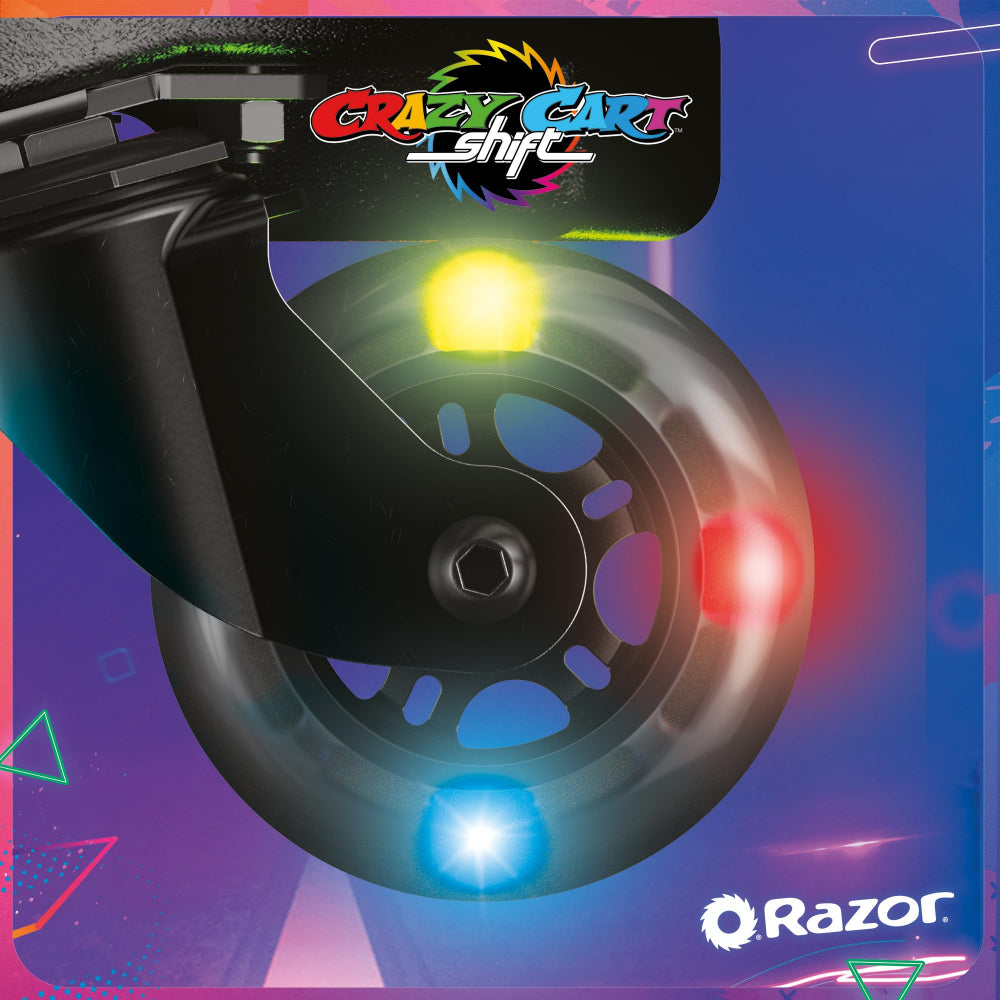 Razor Crazy Cart Shift Lightshow, 3-Wheeler Go Kart, Powerful Hub Motor, LightWeight High-impact w/ Multi-color LED light bars, Strong & Sturdy, Rechargeable, Battery Operated, For 6+ Age - Black