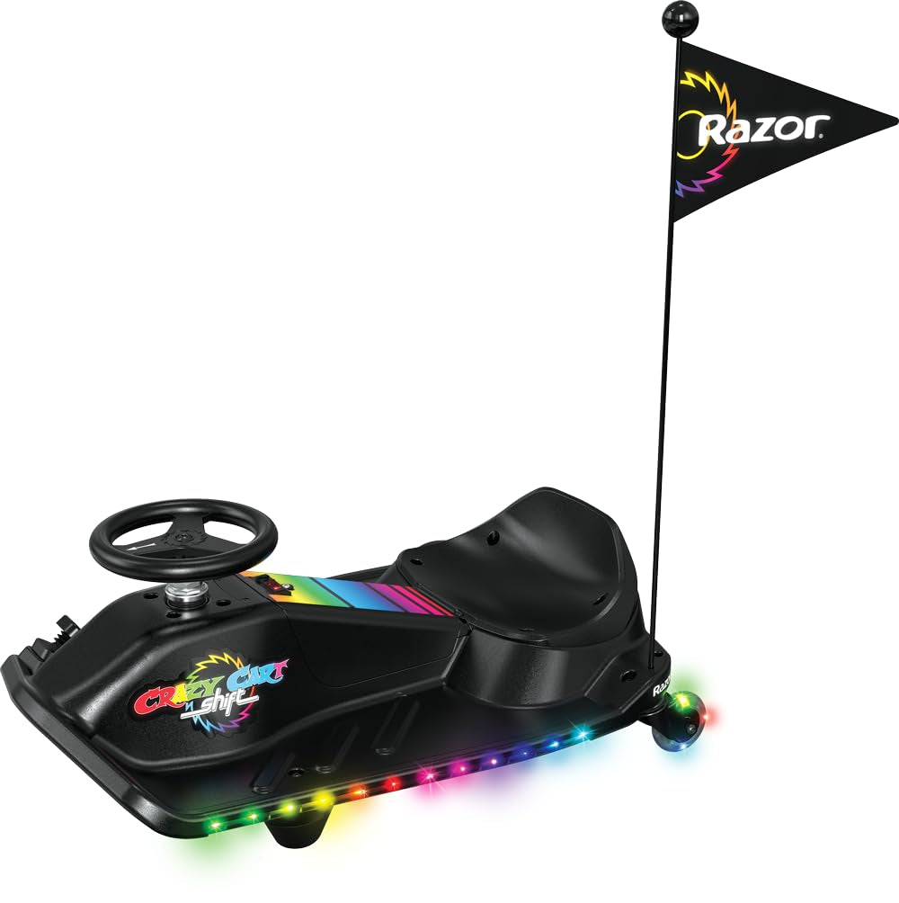 Razor Crazy Cart Shift Lightshow, 3-Wheeler Go Kart, Powerful Hub Motor, LightWeight High-impact w/ Multi-color LED light bars, Strong & Sturdy, Rechargeable, Battery Operated, For 6+ Age - Black