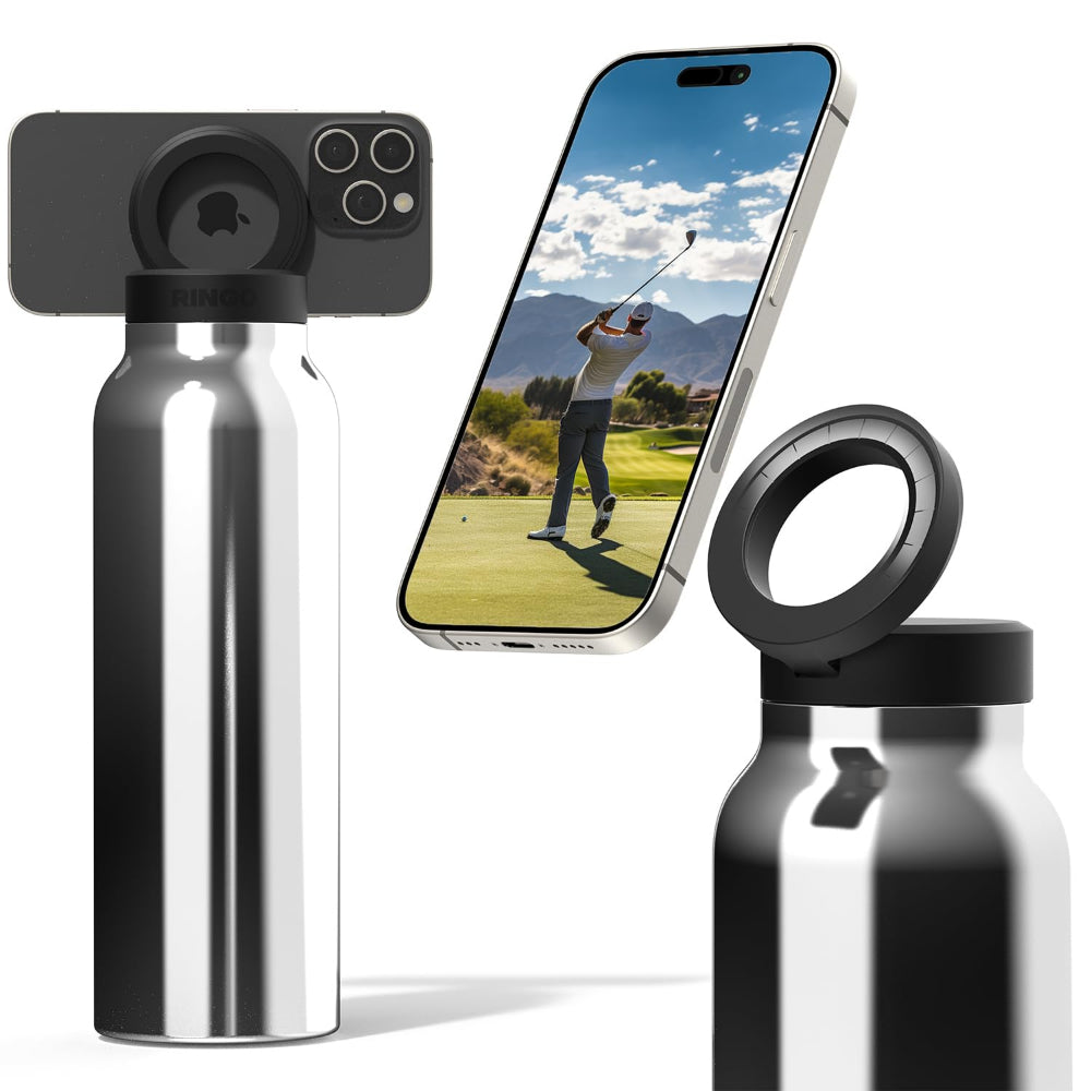 RINGO Water Bottle + Free Magnetic Booster Ring| Stainless Steel Hydration Bottle w/ Integrated MagSafe Phone Mount, 12Hrs Hot/24Hrs Cold, BPA-Free, Works w/ All Devices Android & iOS- Stainless 32Oz