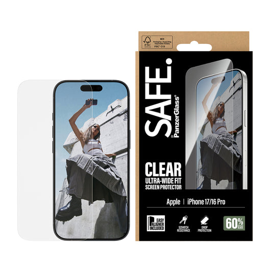 Safe by PanzerGlass iPhone 17 / 16 Pro Screen Protector 6.3", Ultra Wide Fit Tempered Glass, Edge to Edge Drop Protection, Scratch Resistant, Case Friendly, w/ Easy Install Aligner - Clear