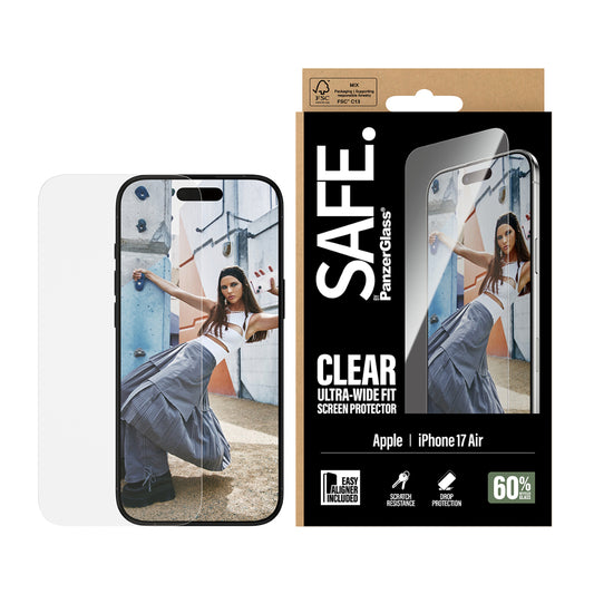 Safe by PanzerGlass iPhone 17 Air Screen Protector 6.9", Ultra Wide Fit Tempered Glass, Edge to Edge Drop Protection, Scratch Resistant, Case Friendly, w/ Easy Install Aligner - Clear