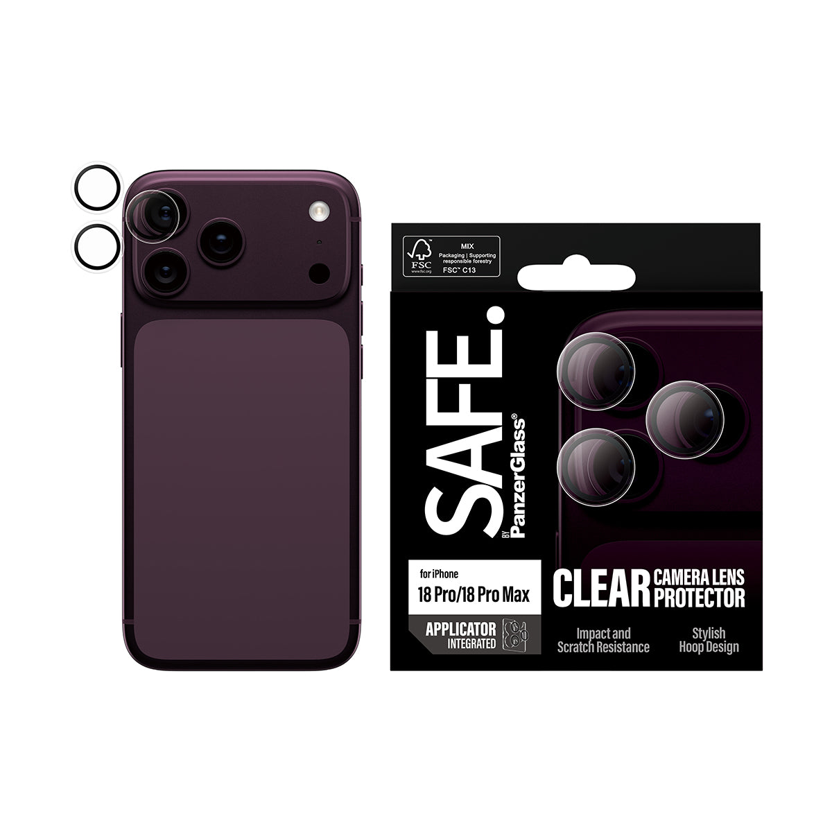 SAFE by PanzerGlass iPhone 18 Pro / Pro Max HOOPS Camera Lens Protectors | Individual Tempered Glass Rings, Scratch & Shock Protection, Aluminum Frames, Integrated Applicator, Easy Install - Clear