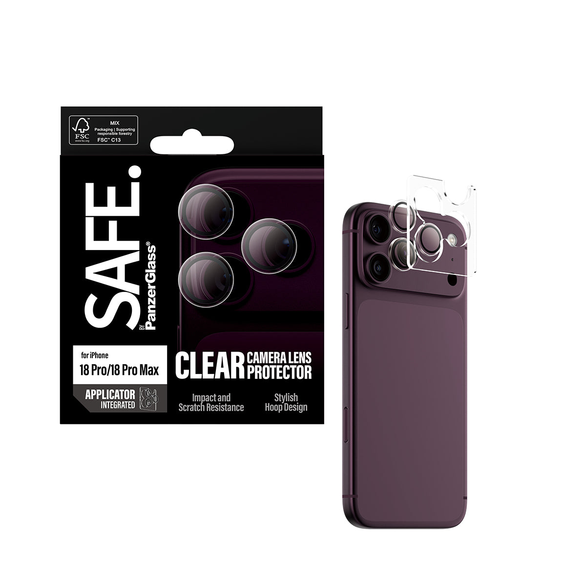 SAFE by PanzerGlass iPhone 18 Pro / Pro Max HOOPS Camera Lens Protectors | Individual Tempered Glass Rings, Scratch & Shock Protection, Aluminum Frames, Integrated Applicator, Easy Install - Clear
