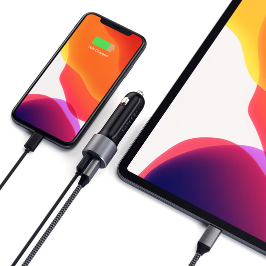 شاحن سيارة ثنائي المنافذ من SATECHI بقوة 72 واط بتقنية الشحن السريع (USB-C + USB-A) - رمادي فلكي